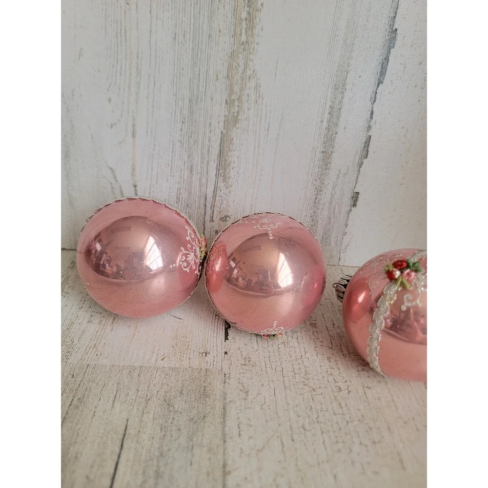 Vintage rose lace pink ball glass ornament Xmas set unique home